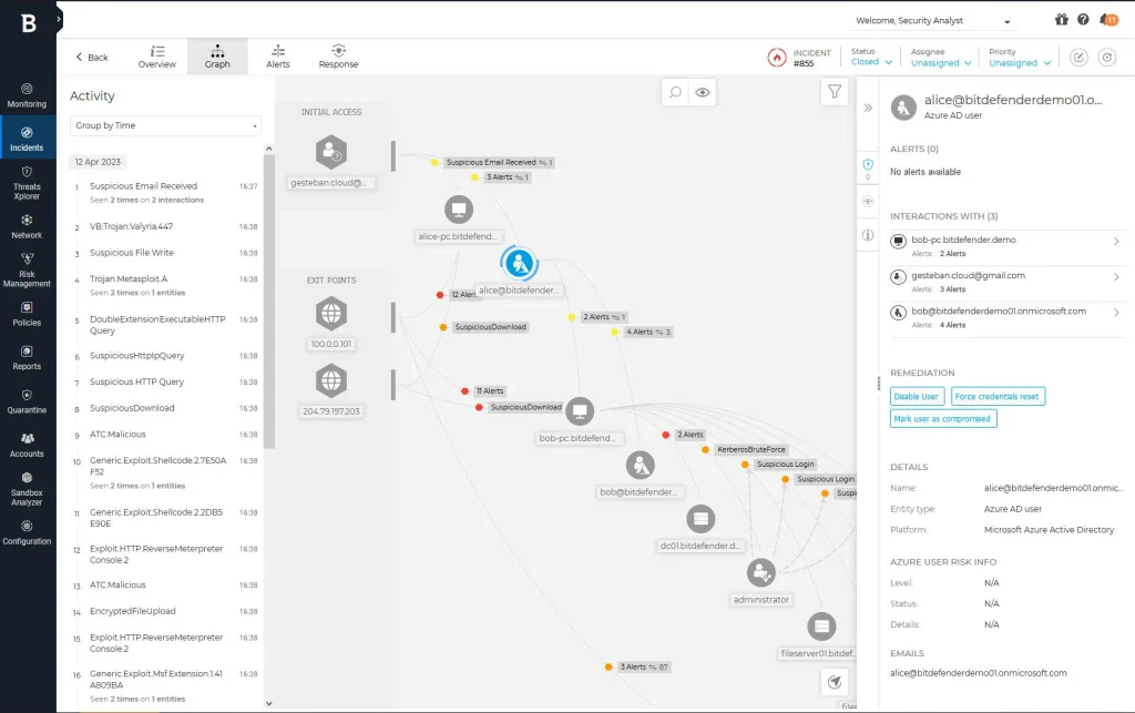 Dashboard di Bitdefender XDR con un grafico delle minacce, visualizzazione delle attività sospette e opzioni di risposta agli incidenti di sicurezza.






