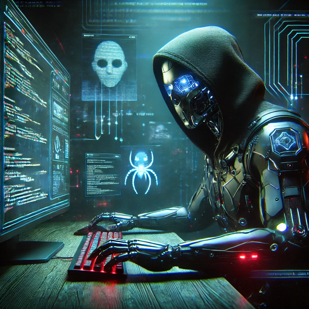 Un hacker cyberpunk in una stanza buia illuminata da neon, con l'IA che aiuta a generare codice dannoso sullo schermo del computer.

