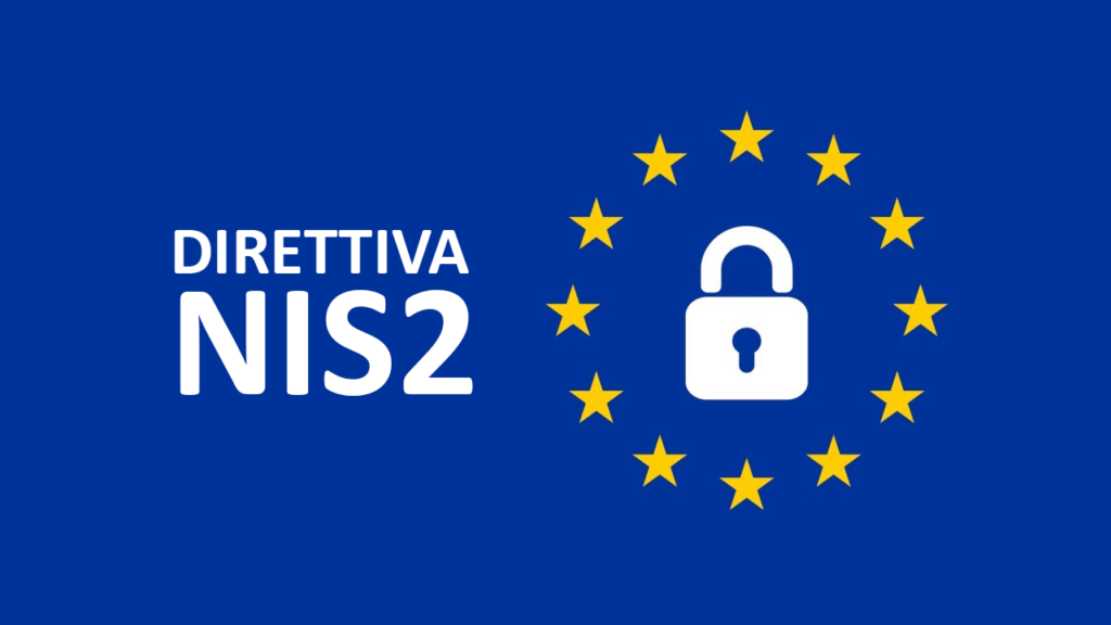 Bandiera dell'Unione Europea con un lucchetto bianco al centro e la scritta 'Direttiva NIS2'.