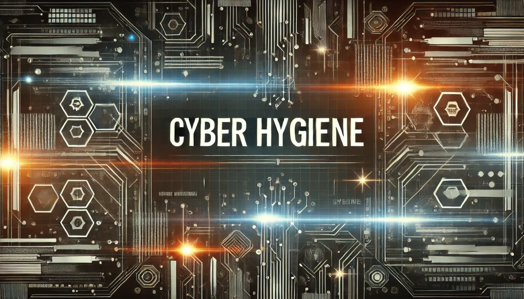 Immagine futuristica con il testo 'Cyber Hygiene' evidenziato, circondato da un design tecnologico con forme geometriche astratte e linee luminose.