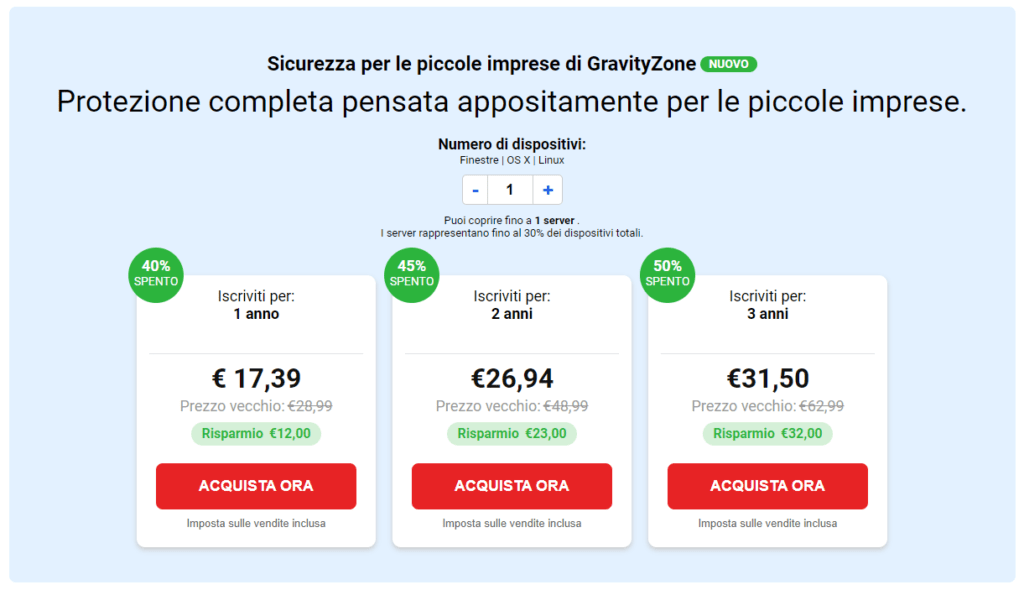 Tabella dei prezzi dei piani di abbonamento Bitdefender GravityZone per piccole imprese, mostrando sconti del 40%, 45% e 50% per 1, 2 e 3 anni di protezione.






