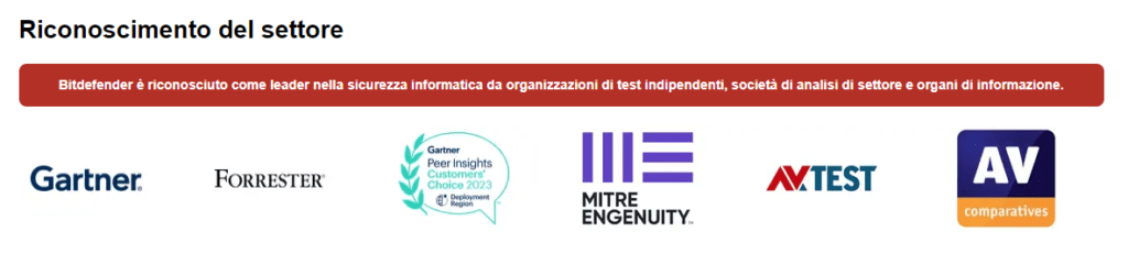 Riconoscimenti del settore per Bitdefender con loghi di Gartner, Forrester, Gartner Peer Insights, MITRE Engenuity, AV-TEST e AV-Comparatives.


