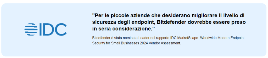 Citazione di IDC su Bitdefender con il logo IDC e la raccomandazione per le piccole aziende sulla sicurezza degli endpoint.