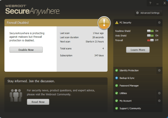 Interfaccia di Webroot SecureAnywhere con dettagli sulla protezione in tempo reale, scansioni recenti, abilitazione del firewall e altre funzionalità di sicurezza.